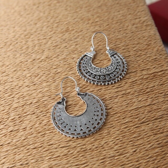 Silver Tone Filigree Boho Hoop Earrings - Picture 7 of 7